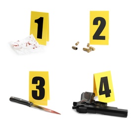 Image of Crime scene investigation. Set of evidence identification markers and clues on white background