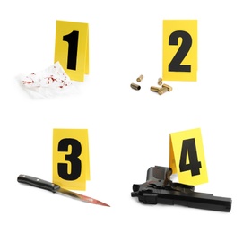 Crime scene investigation. Set of evidence identification markers and clues on white background