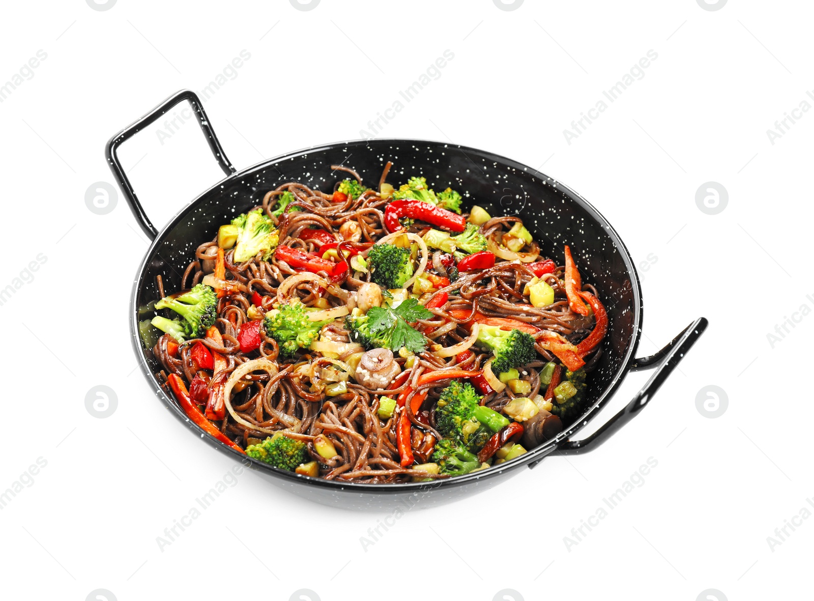 Photo of Stir-fry. Tasty noodles with meat and vegetables in wok isolated on white