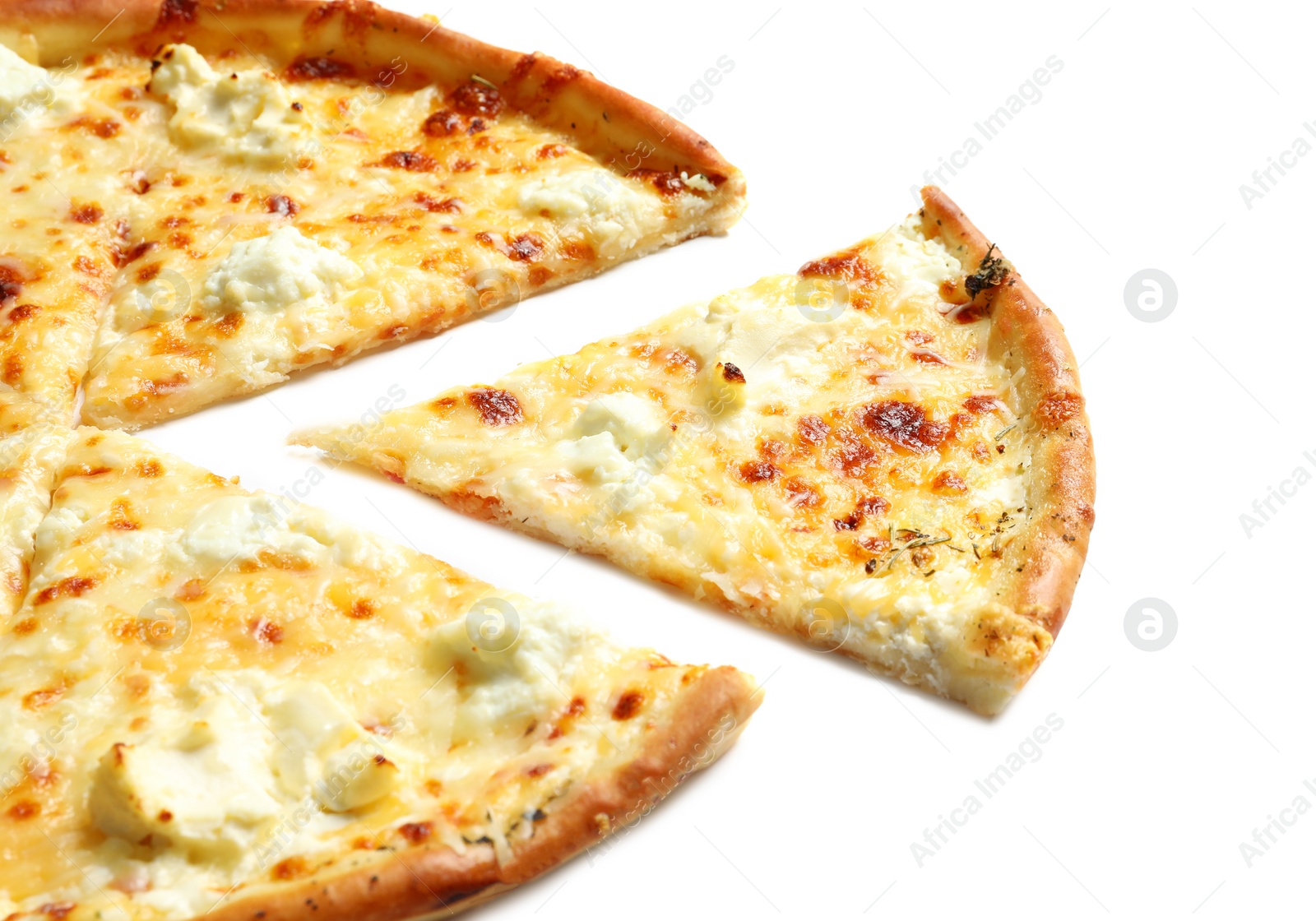 Photo of Tasty hot cheese pizza on white background