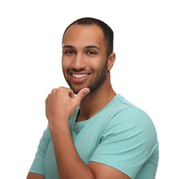 Photo of Portraitsmiling man with healthy clean teeth on white background