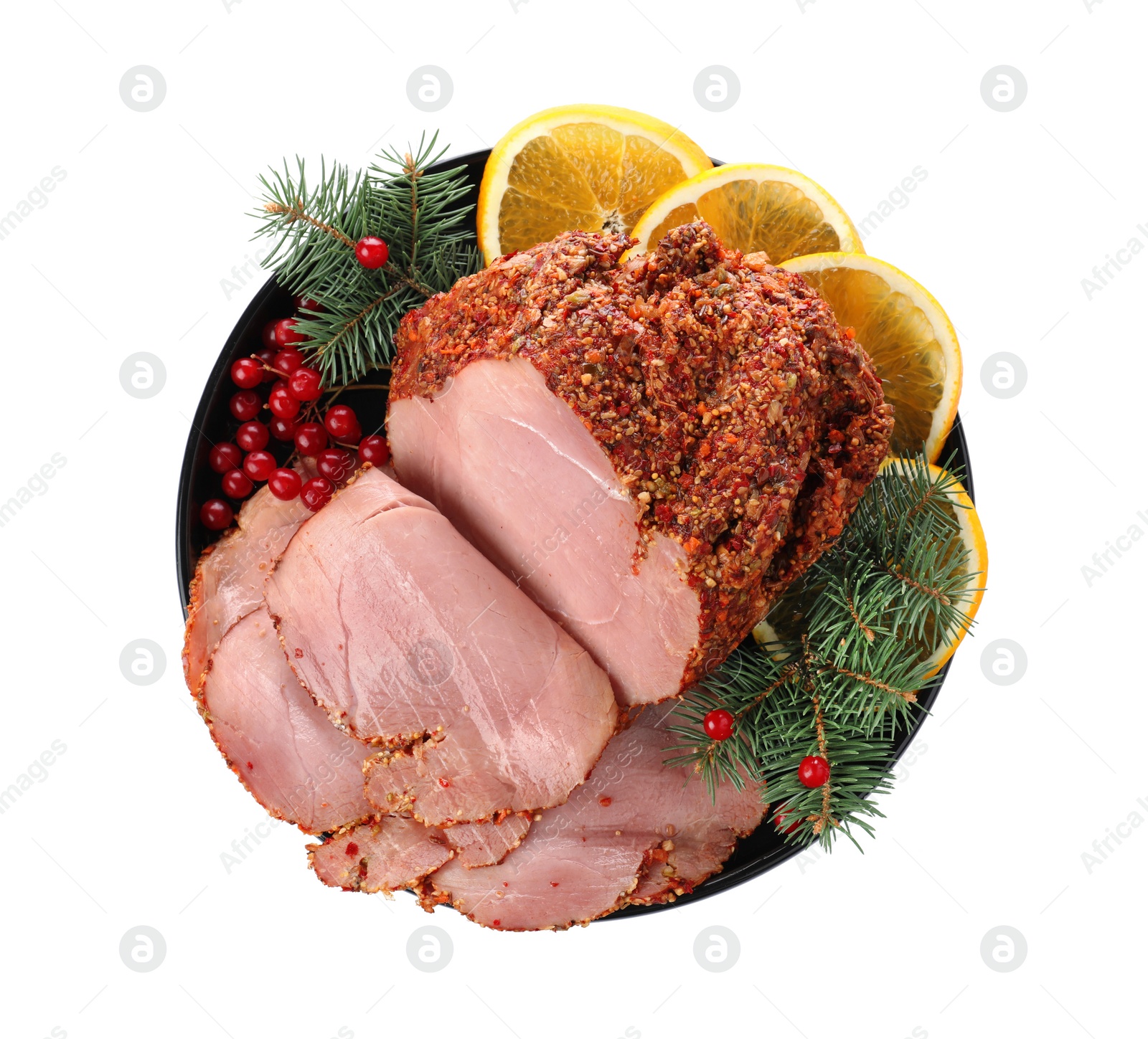 Photo of Tray with delicious ham on white background, top view. Christmas dinner