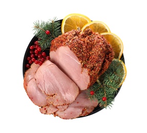 Tray with delicious ham on white background, top view. Christmas dinner