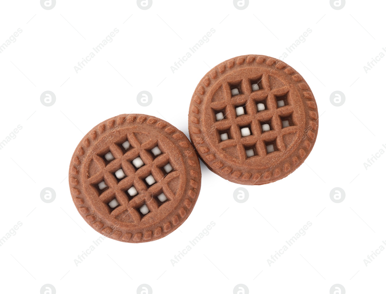 Photo of Tasty chocolate sandwich cookies with cream isolated on white, top view