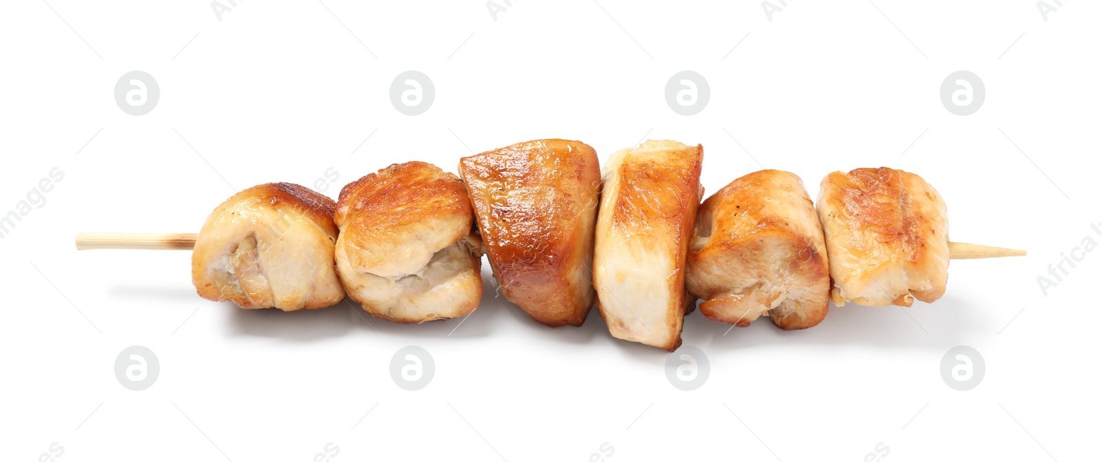 Photo of Delicious chicken shish kebab on white background