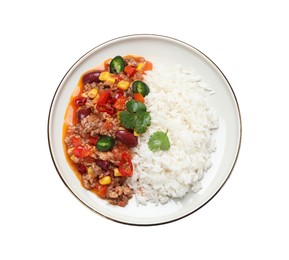 Photo of Plate of rice with chili con carne on white background, top view