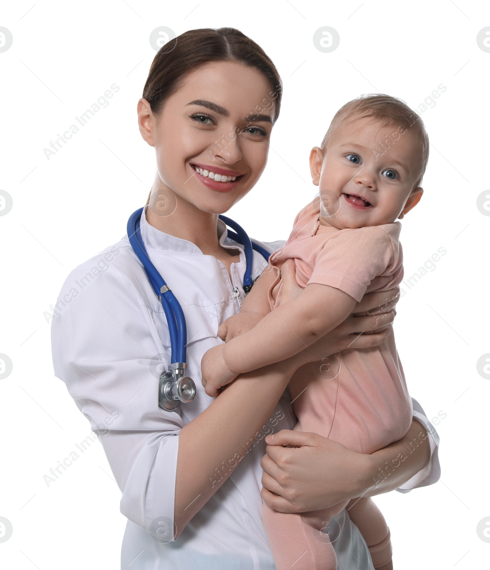 Photo of Young pediatrician with cute little baby on white background