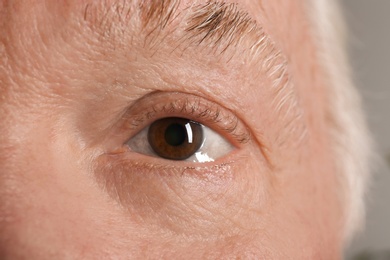 Wrinkled face of elderly man, closeup of eye