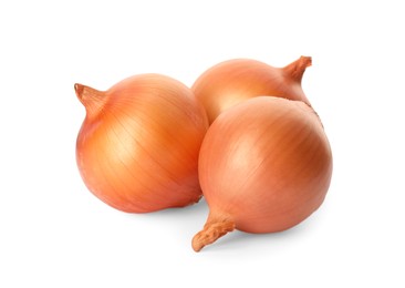 Many fresh unpeeled onions on white background
