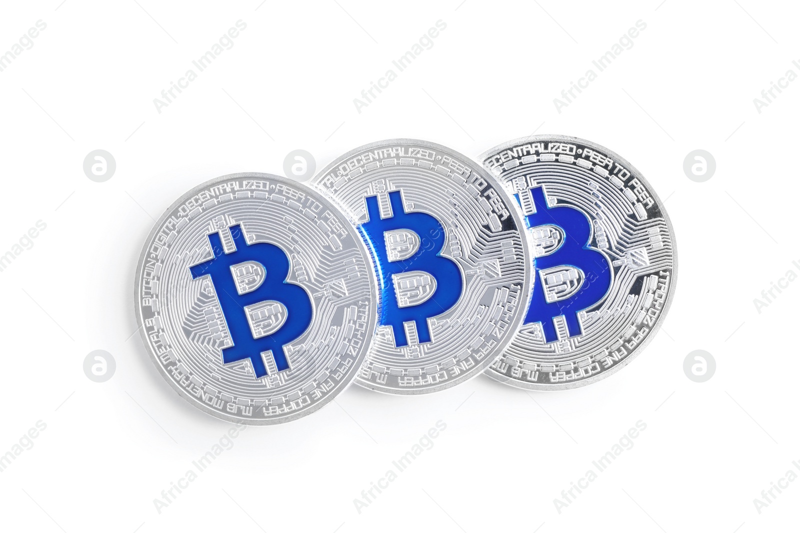 Photo of Bitcoins isolated on white, top view. Digital currency