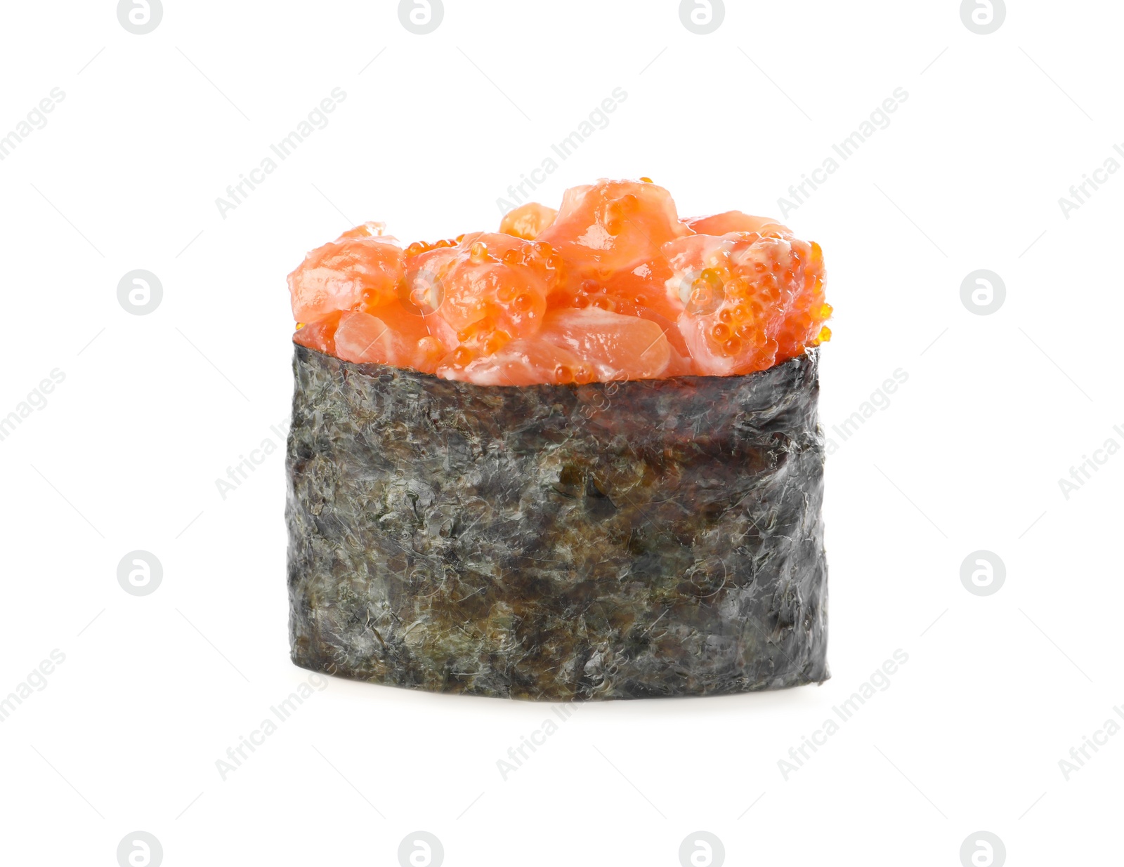 Photo of Delicious sushi with tuna and red caviar isolated on white