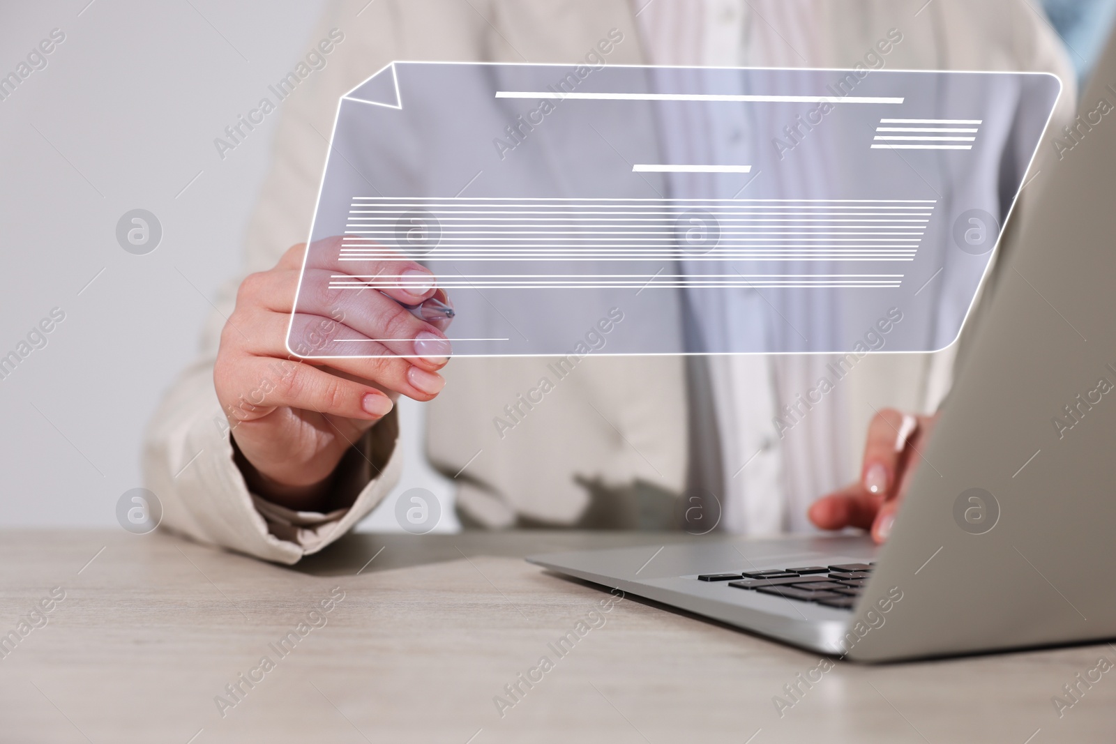 Image of Concept of electronic signature. Woman working on laptop at table indoors, closeup