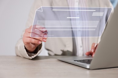 Concept of electronic signature. Woman working on laptop at table indoors, closeup