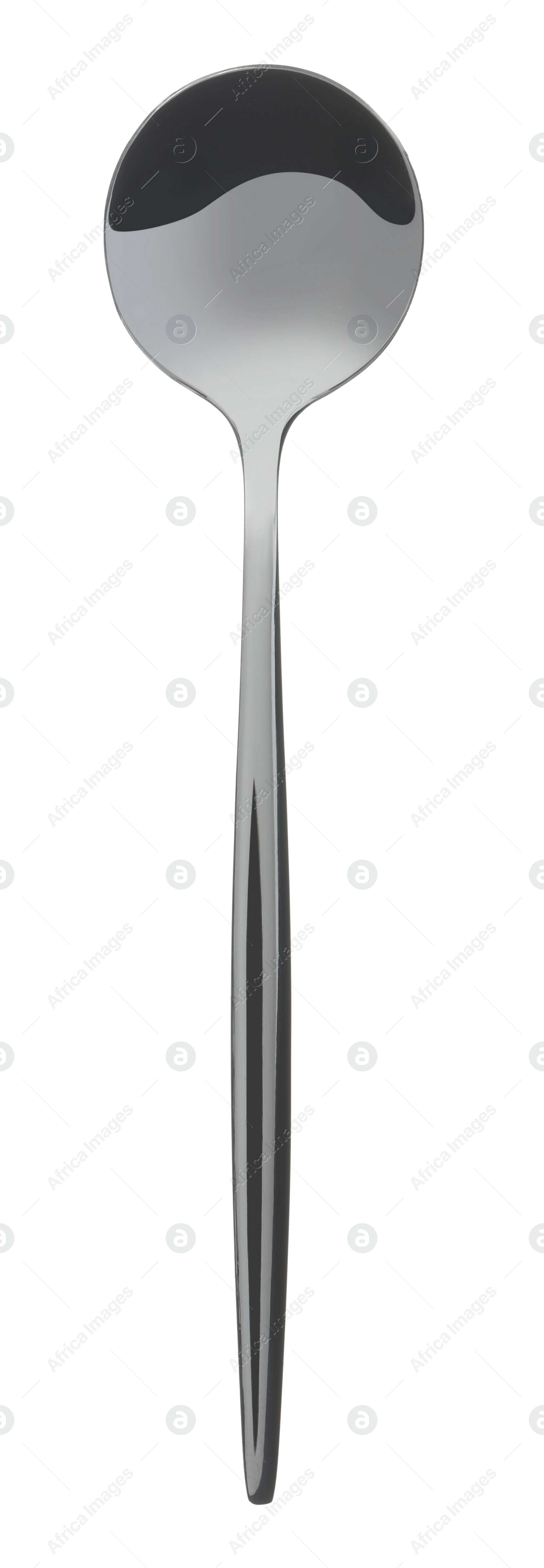 Photo of One new shiny spoon isolated on white, top view