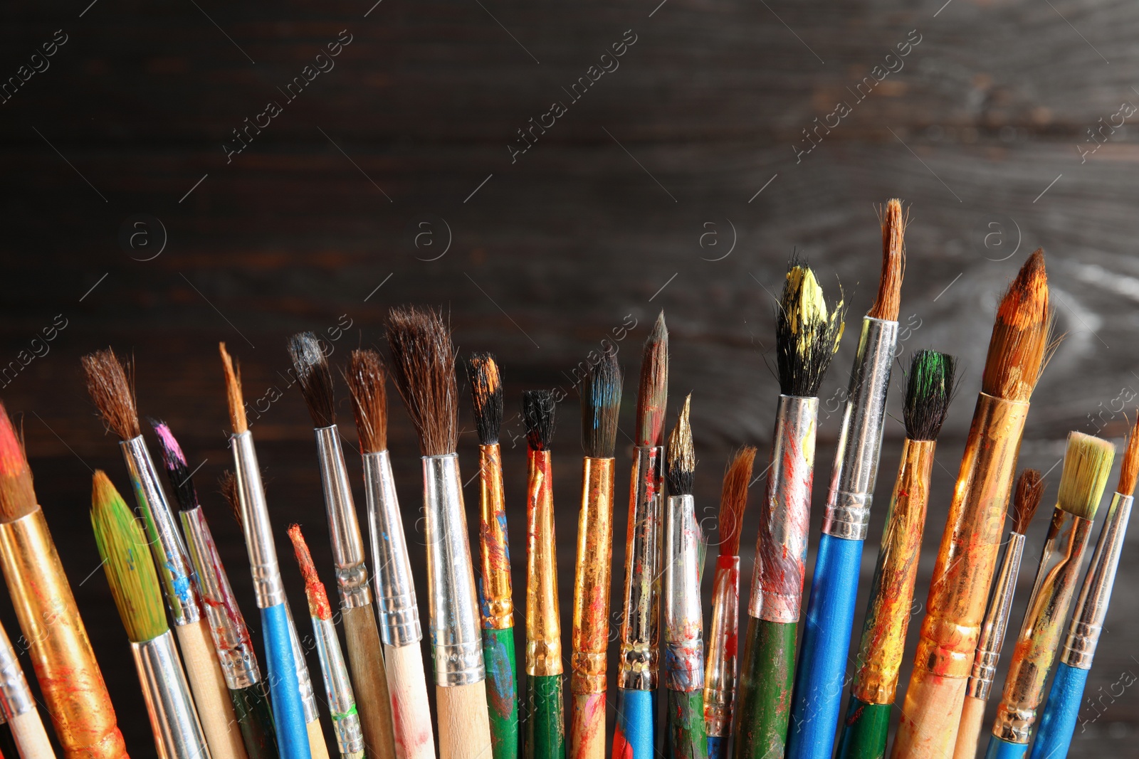 Photo of Different paint brushes on dark background, closeup