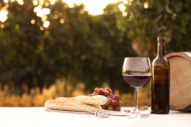Photo of Composition with wine and snacks on white wooden table at vineyard