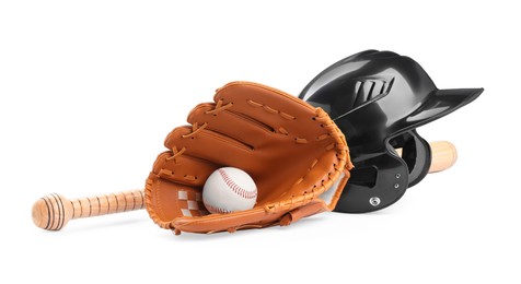Photo of Baseball bat, ball, batting helmet and glove isolated on white