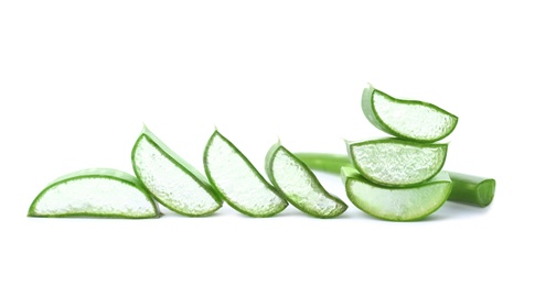 Photo of Aloe vera slices on white background