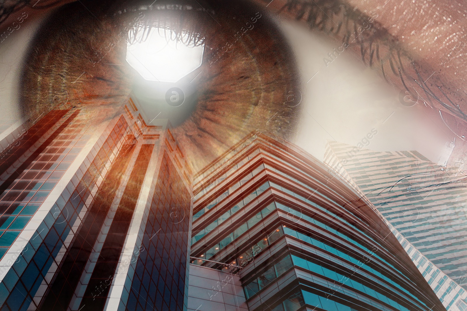 Image of Double exposure of modern buildings and woman with beautiful eye, closeup