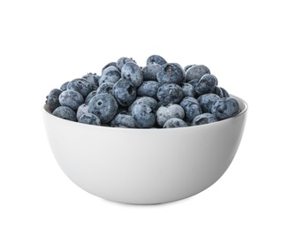 Tasty frozen blueberries in bowl isolated on white