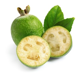 Whole and cut feijoa fruits on white background