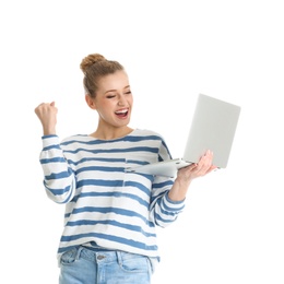 Photo of Portrait of emotional young woman with laptop isolated on white
