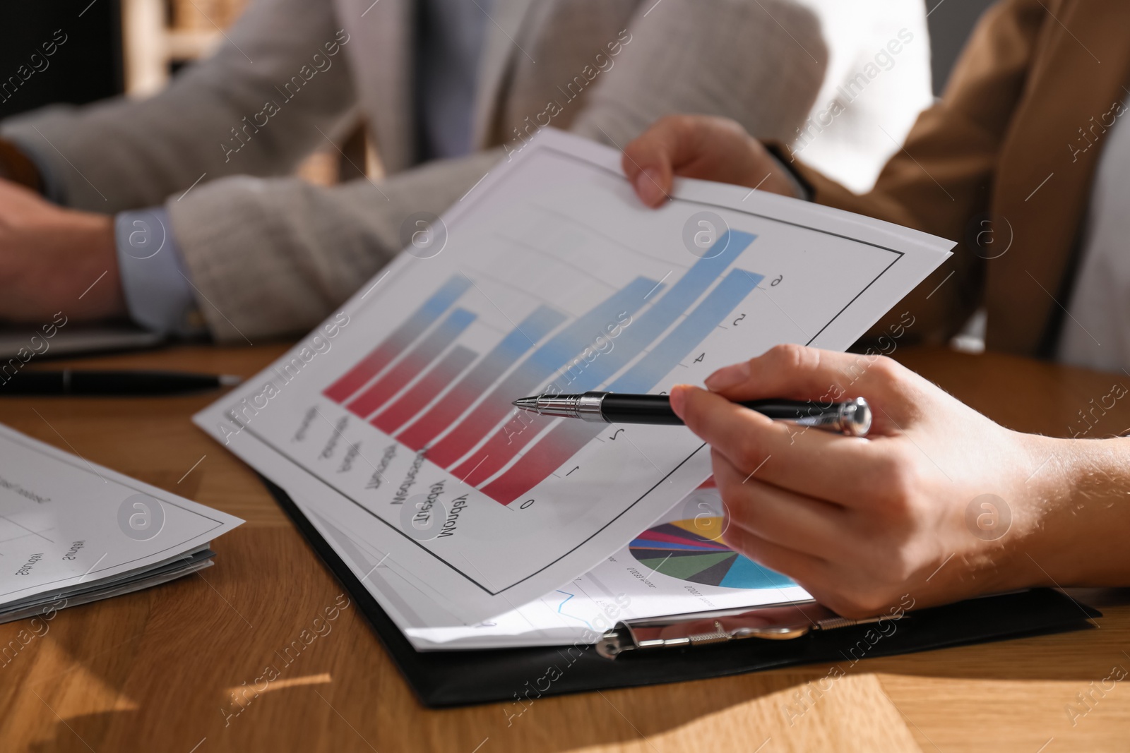 Photo of Business people working with charts and graphs at table in office, closeup. Investment analysis