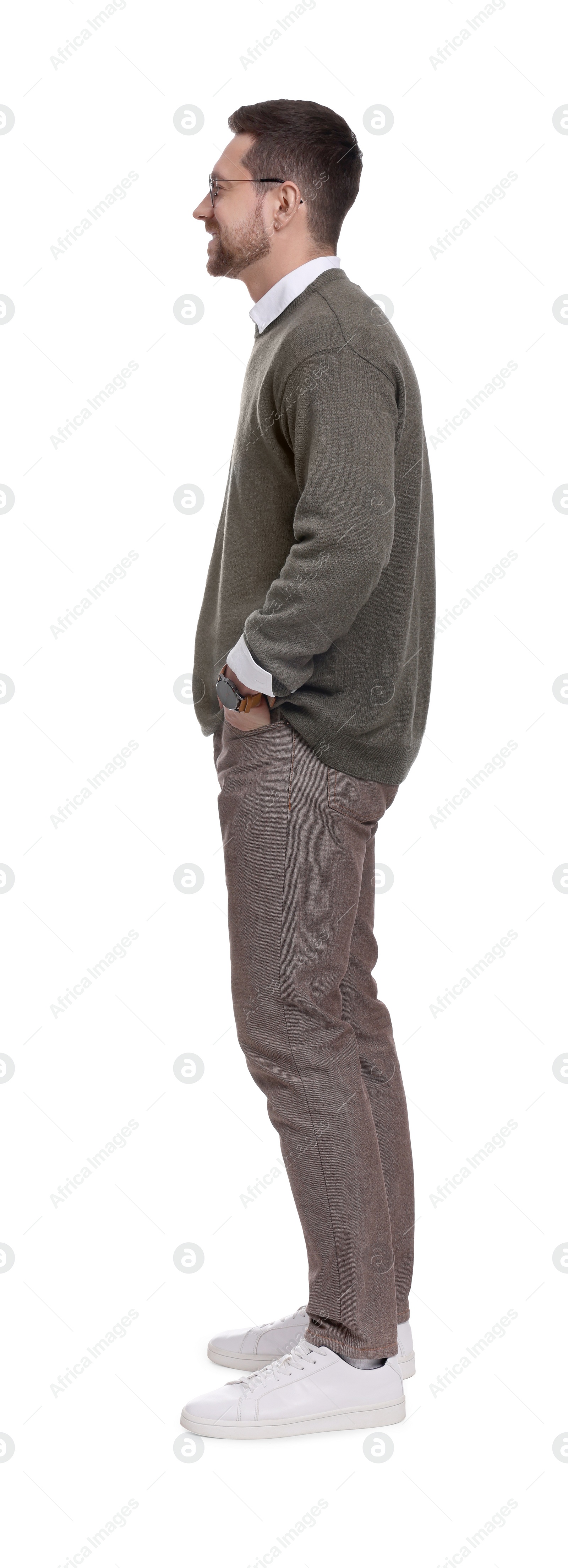 Photo of Handsome bearded businessman in eyeglasses on white background