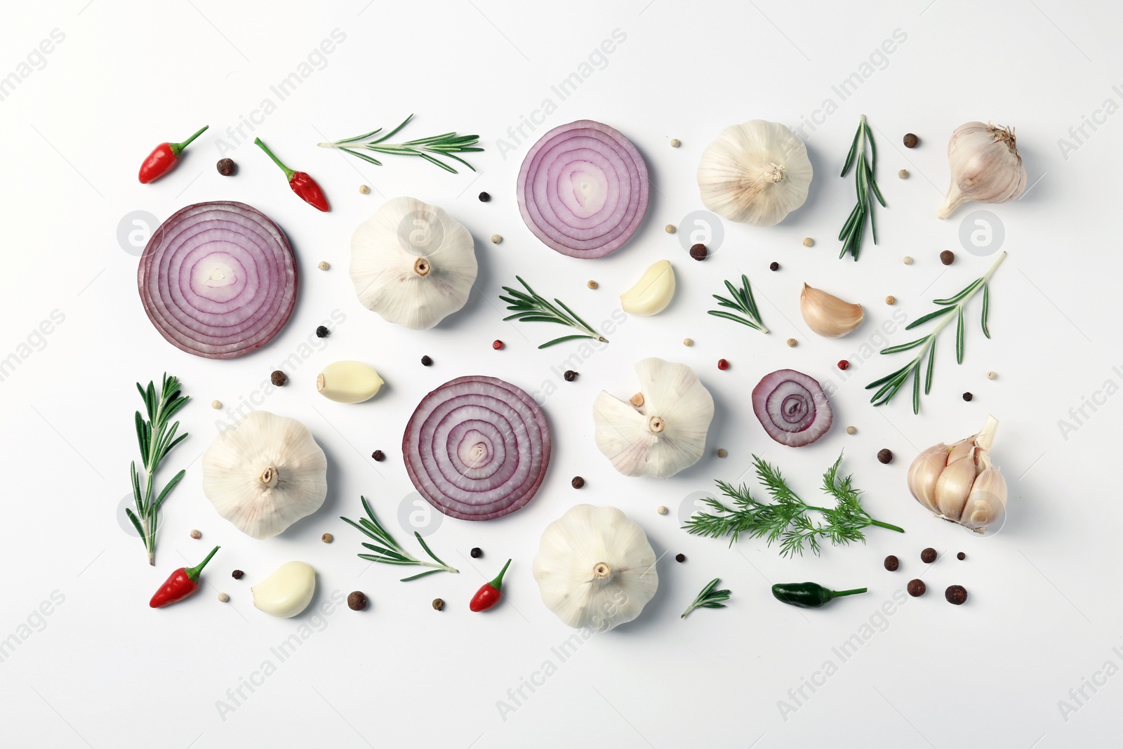 Photo of Composition with garlic, peppers and onion on white background, top view