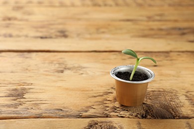 Coffee capsule with seedling on wooden table, space for text