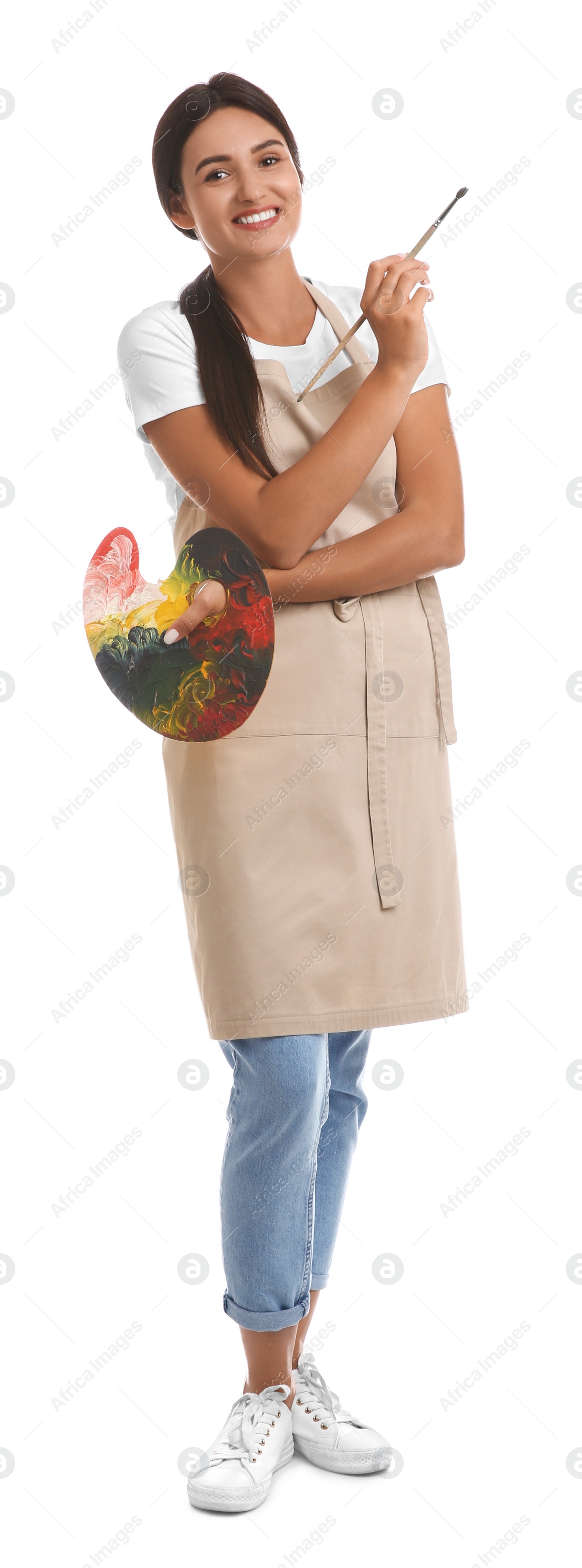 Photo of Young woman with drawing tools on white background