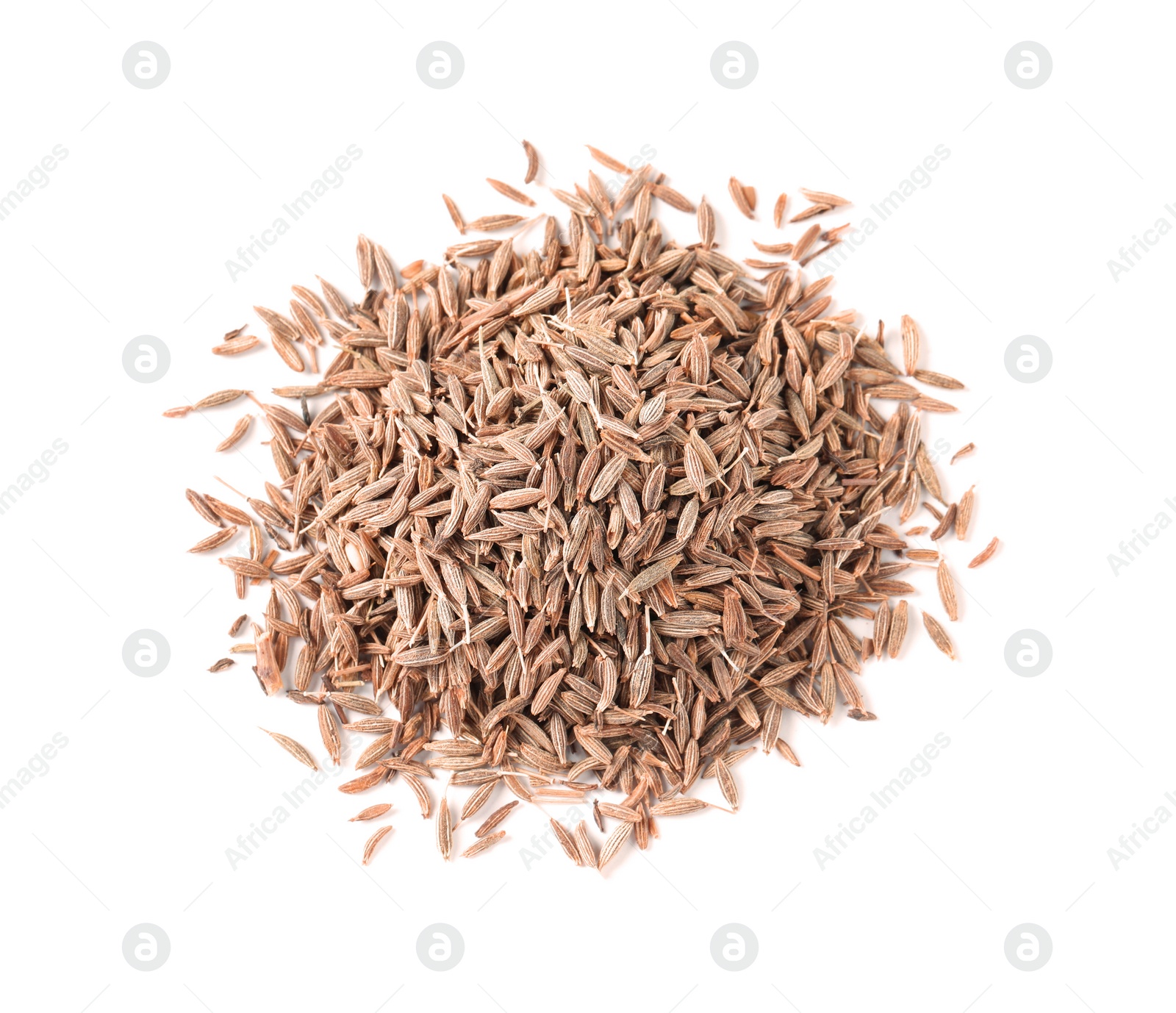 Photo of Heap of aromatic caraway (Persian cumin) seeds isolated on white, top view