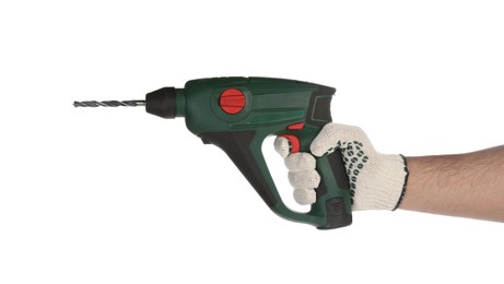 Photo of Worker with power drill on white background, closeup