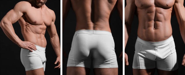 Image of Muscular man in stylish white underwear on black background, closeup. Collection of photos