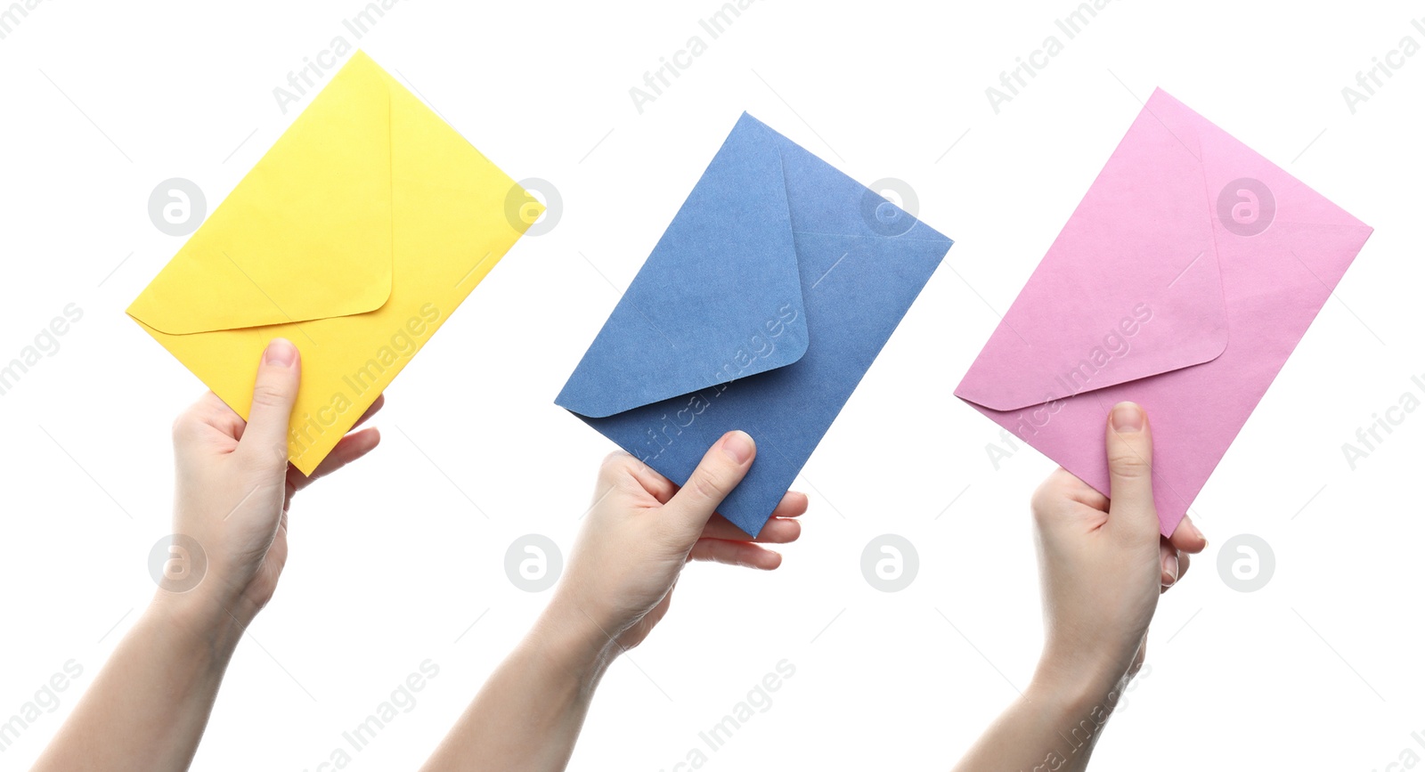 Image of Collage with photos of woman holding bright envelopes on white background, closeup. Banner design