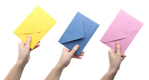 Image of Collage with photos of woman holding bright envelopes on white background, closeup. Banner design