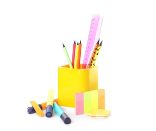 Photo of Set of colorful school stationery on white background