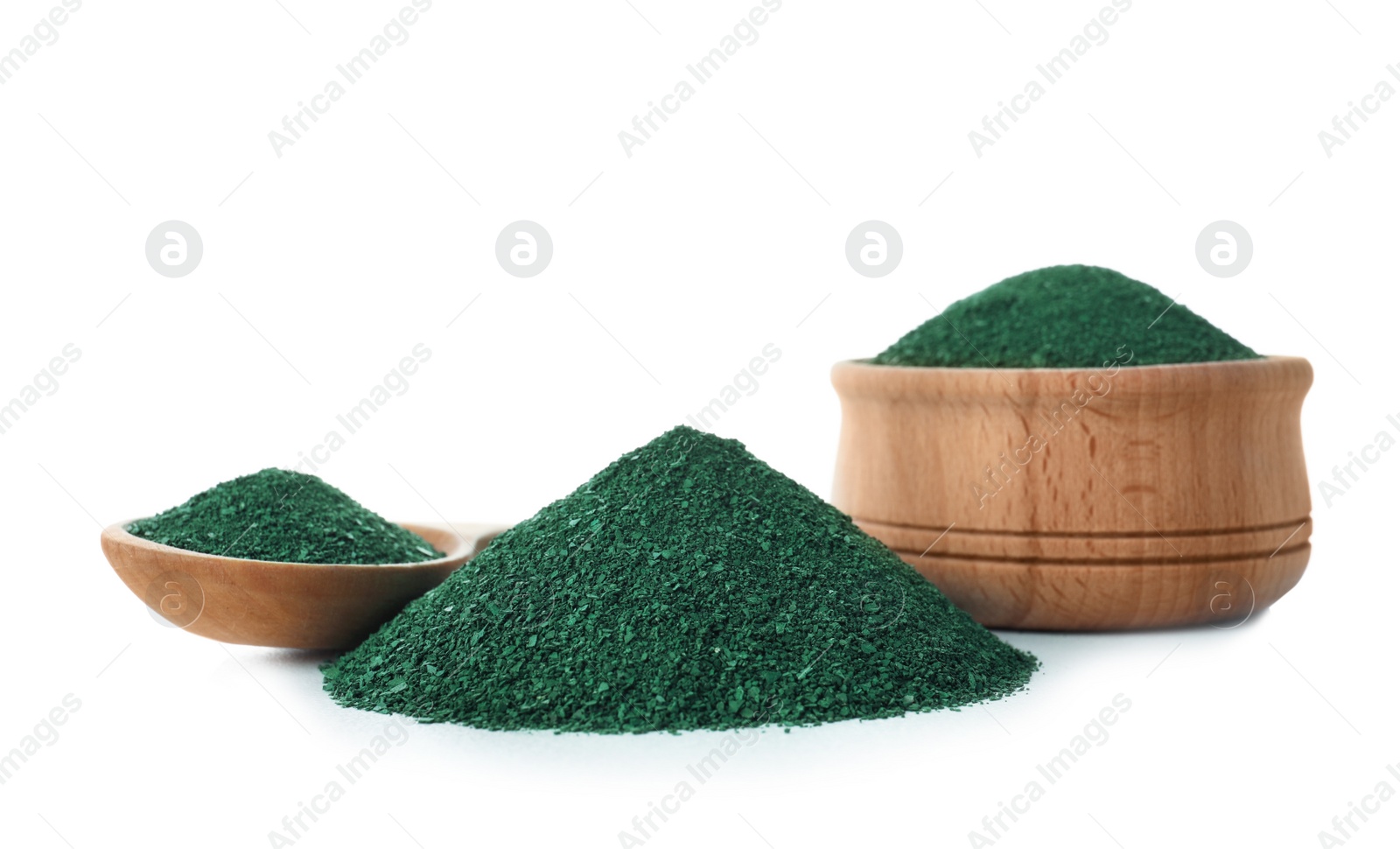 Photo of Composition with spirulina algae powder on white background