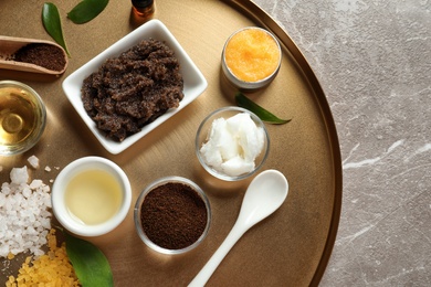 Photo of Ingredients for natural body scrub on metal tray