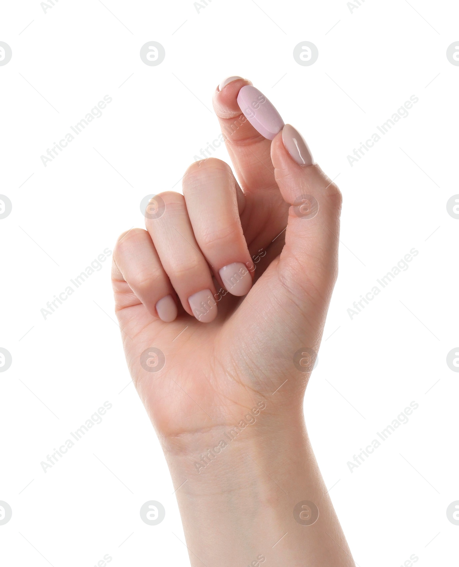 Photo of Woman holding vitamin pill on white background, closeup. Health supplement