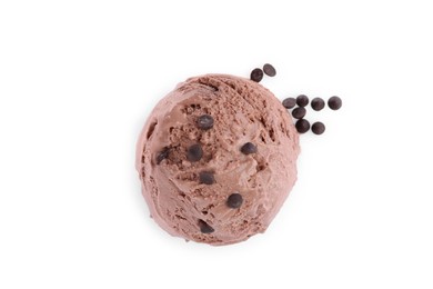 Scoop of delicious ice cream with chocolate on white background, top view