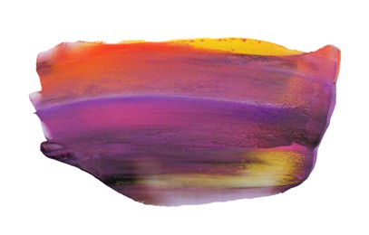 Photo of Pink, orange, yellow and purple chameleon paint samples on white background, top view