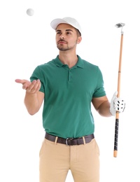 Portrait of young man with golf club and ball on white background