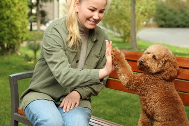 Photo of Cute dog giving high five to woman in park