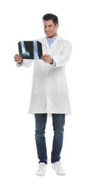 Orthopedist holding X-ray picture on white background