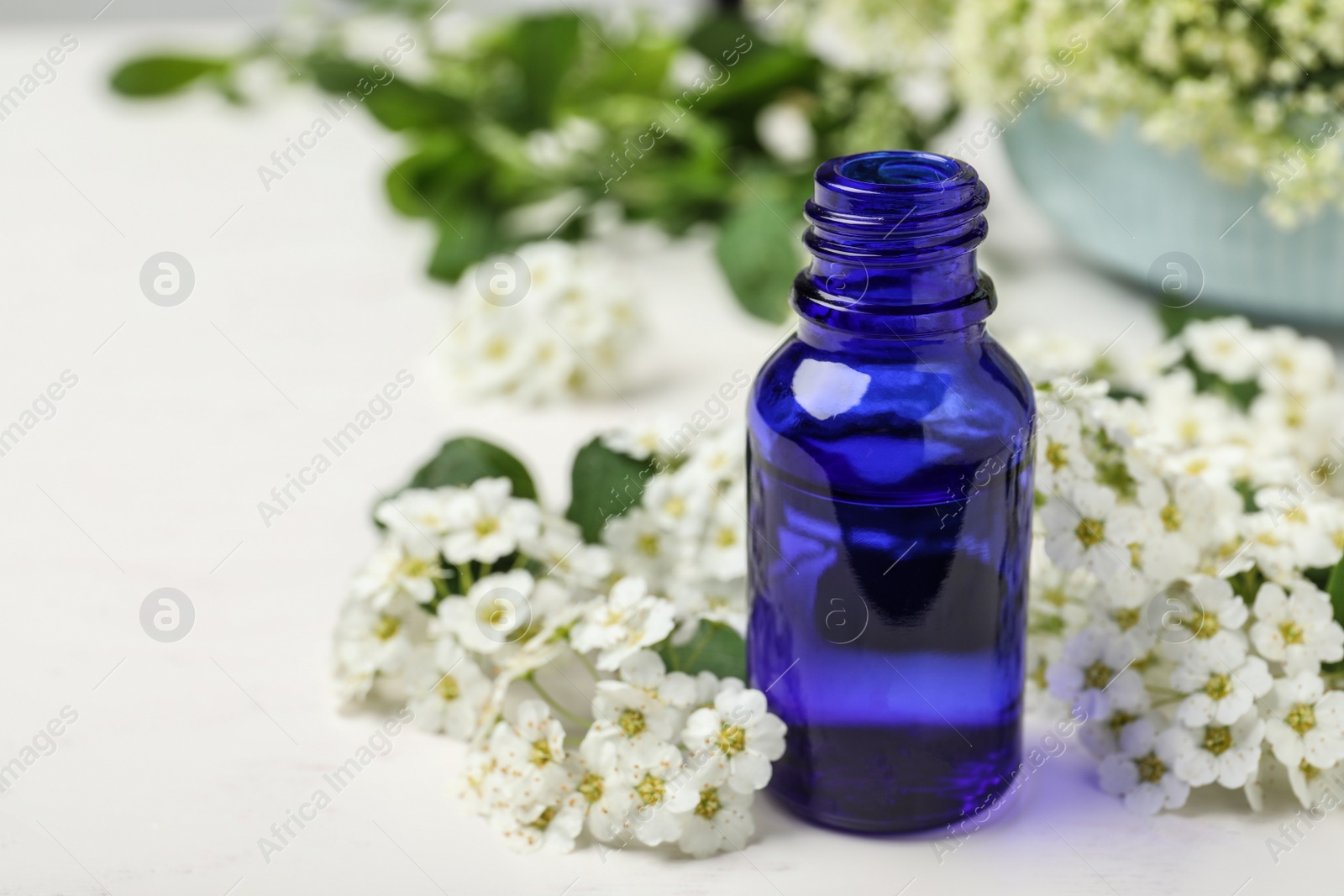 Photo of Blue bottle of essential oil with flowers on table. Space for text