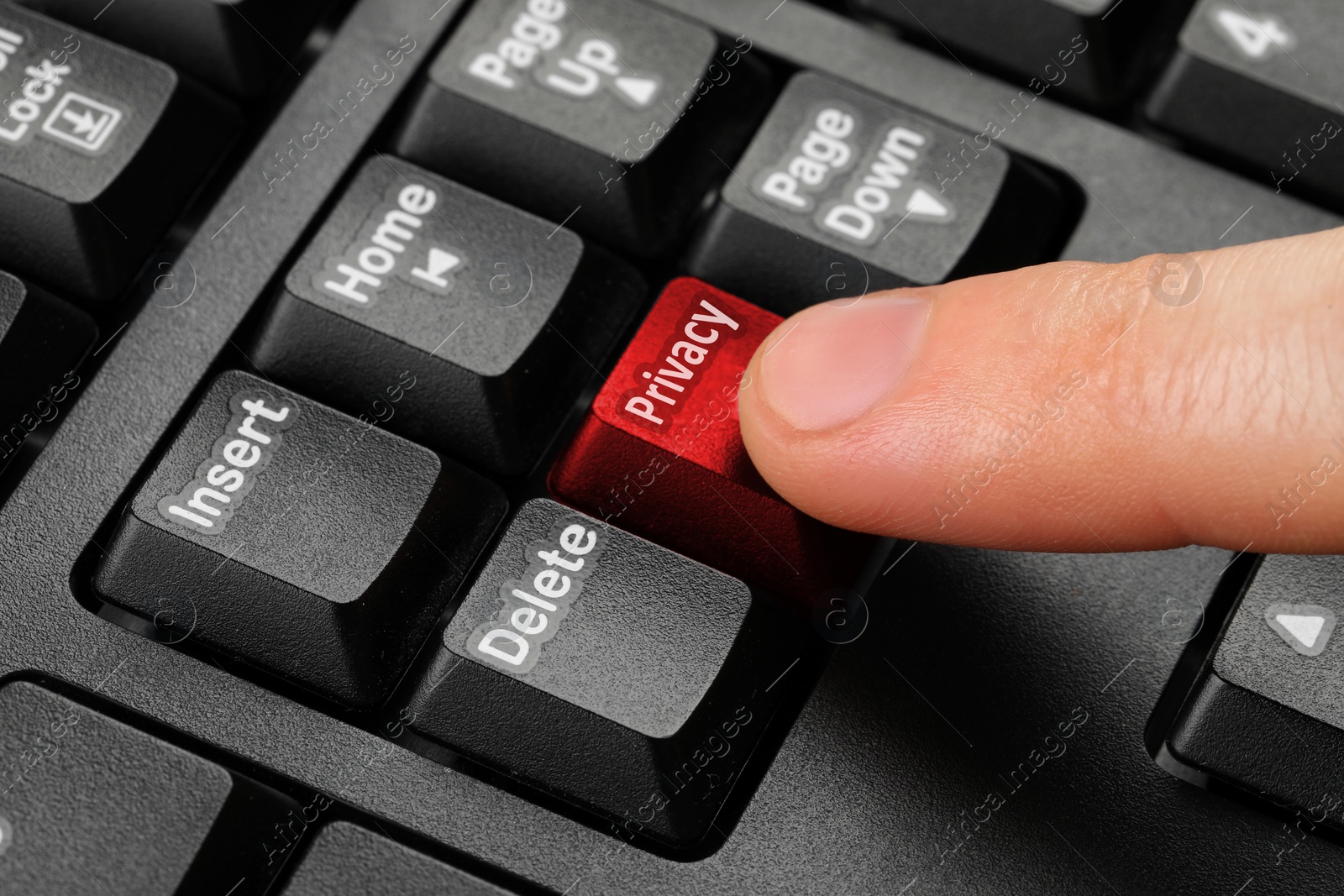 Image of Man pressing red button with word Privacy on computer keyboard, closeup