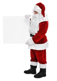 Happy authentic Santa Claus with blank banner on white background. Space for design