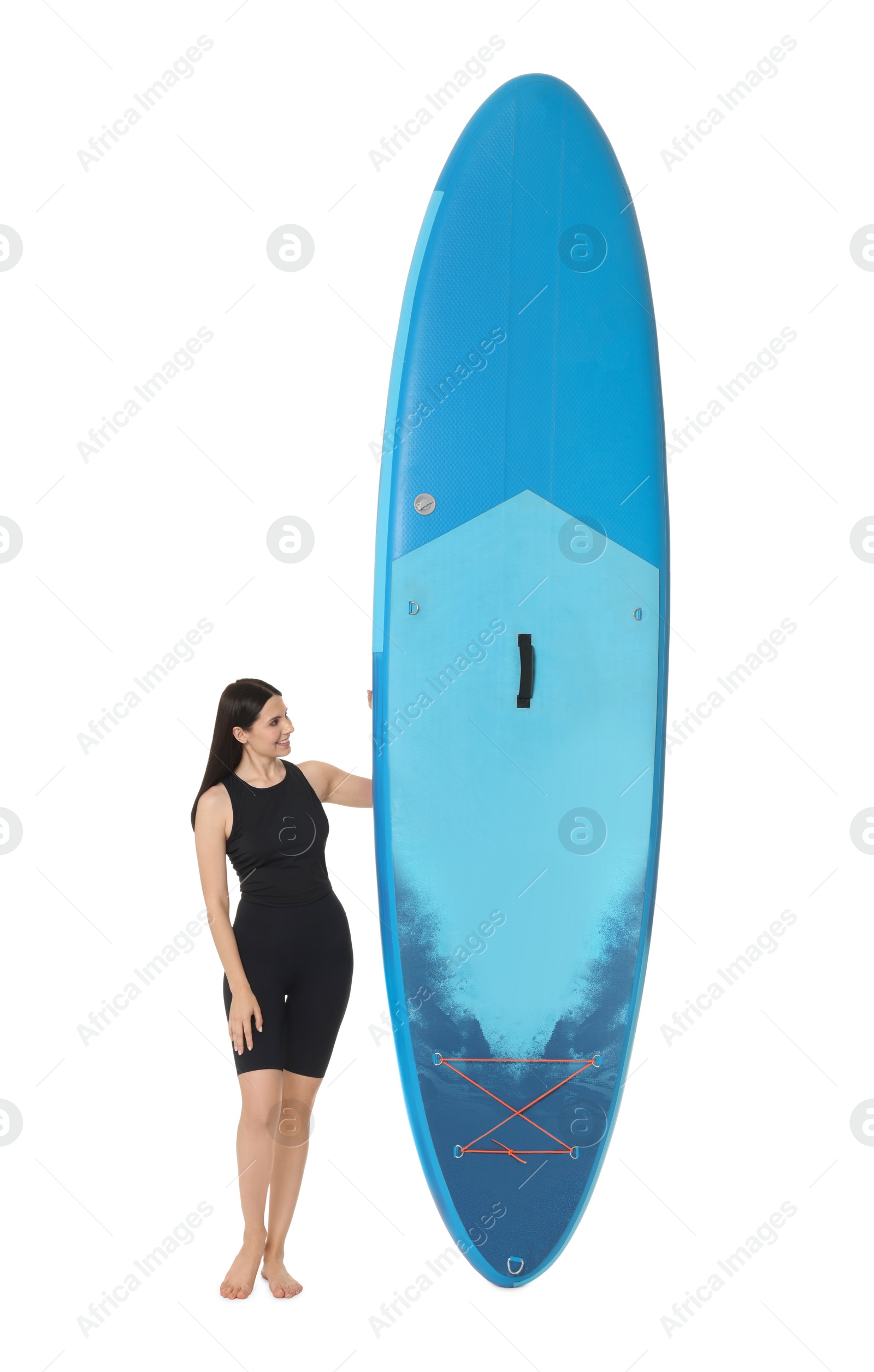 Photo of Happy woman with blue SUP board on white background