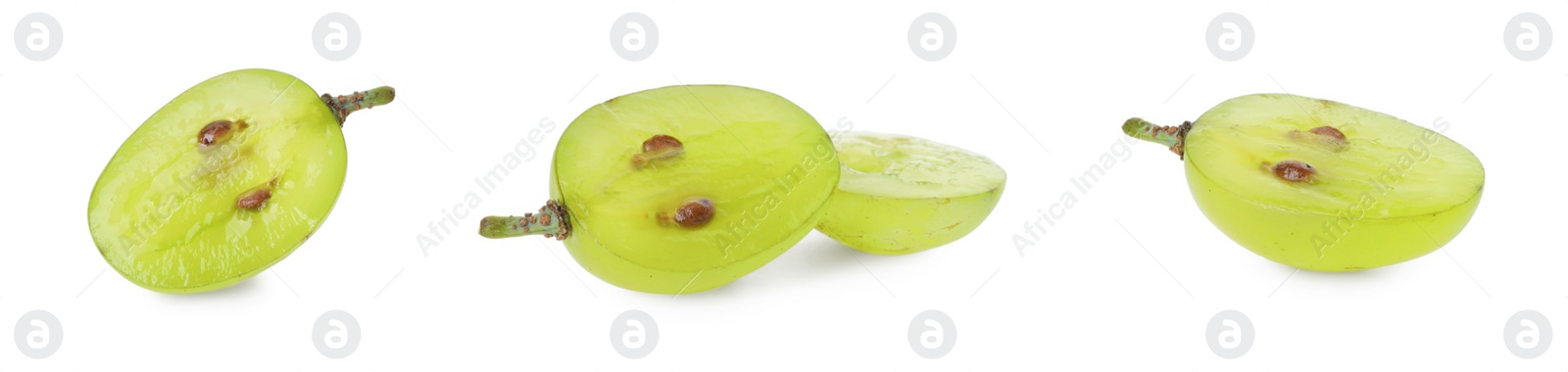 Image of Cut ripe green grapes isolated on white, set